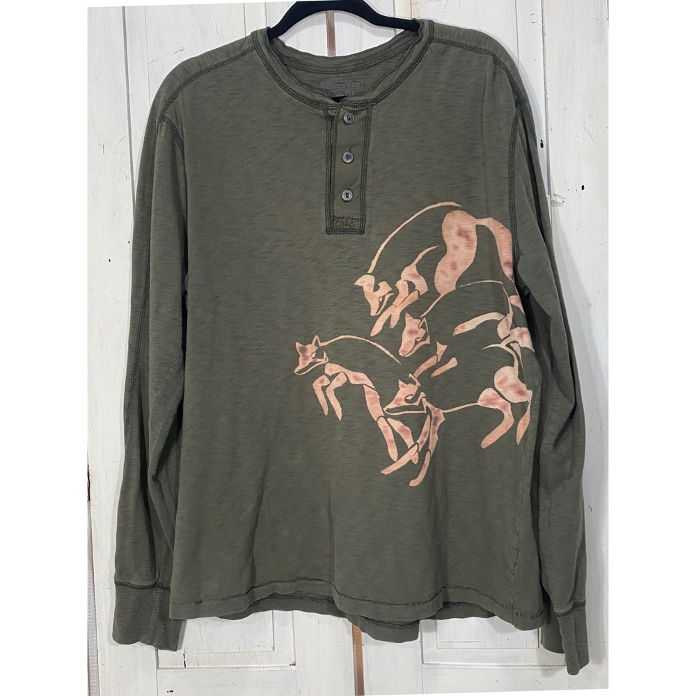 Converse One Star Mens Henley Shirt Large Olive Green Fox Graphic Long Sleeve - Picture 1 of 6